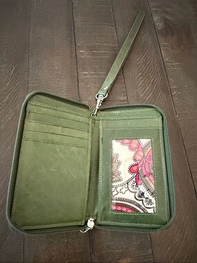 Sophia Visconti Olive Green Zip Wristlet Wallet with Floral ID Sleeve
